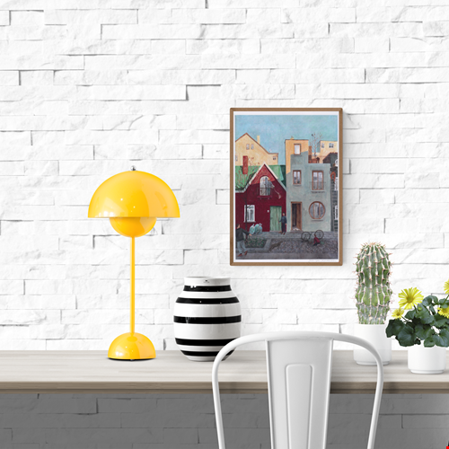 Digital art print by Belgian illustrator Stien Van Kerckhoven showing a peaceful Belgian neighborhood scene with children fixing a bicycle, colorful houses, soft pastel tones, and everyday life moments. A warm, cozy wall art piece sized A4 (21 x 29.7 cm), perfect for home decor lovers seeking charming European illustrations