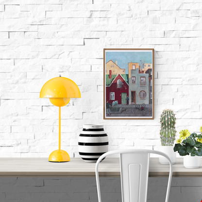 Digital art print by Belgian illustrator Stien Van Kerckhoven showing a peaceful Belgian neighborhood scene with children fixing a bicycle, colorful houses, soft pastel tones, and everyday life moments. A warm, cozy wall art piece sized A4 (21 x 29.7 cm), perfect for home decor lovers seeking charming European illustrations