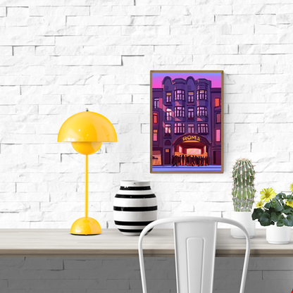 Digital art print of De Roma concert hall in Antwerp by Valeria Maggiani, purple and pink evening scene with silhouetted people, A4 format, printed in Belgium, perfect gift for Antwerp and music lovers.