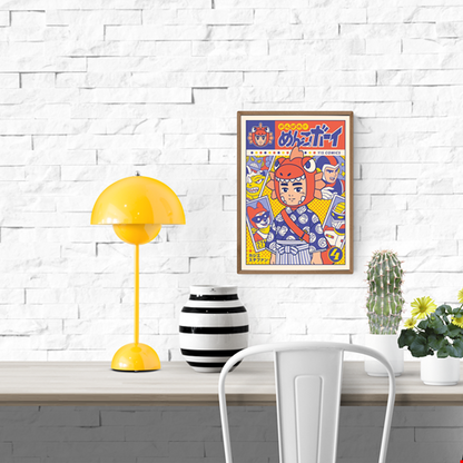 Ganbare! Menko Boy art print by Yeaaah! Studio, inspired by Shōwa-era Japanese manga and tokusatsu, available in A4 and 30x40 cm sizes, printed in France on 300g Old Mill Premium White paper, featuring a retro comic-style boy in a dinosaur costume surrounded by colorful hero characters.
