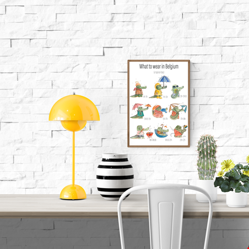 Whimsical watercolor illustration titled “Belgian Day” by Giu Watercolor, showing a crocodile character changing outfits throughout a rainy Belgian day, playful and humorous art print, A4 size, made in Belgium, contemporary European illustration for modern interiors.