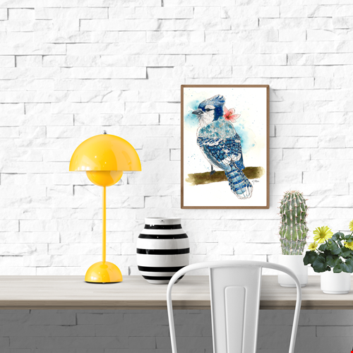 Blue jay watercolor art print by Giu, featuring a detailed blue bird perched on a branch with soft blue tones and a pink flower, contemporary nature wall art, A4 illustration
