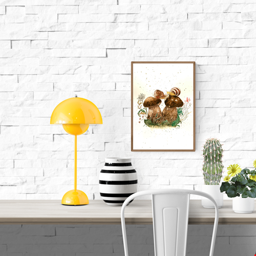 Watercolor illustration of two snails resting on forest mushrooms, painted in soft earthy tones by Giu. Poetic nature art print with botanical details, ideal for nursery decor, calm interiors, and modern wall art.