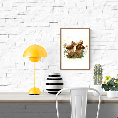 Watercolor illustration of two snails resting on forest mushrooms, painted in soft earthy tones by Giu. Poetic nature art print with botanical details, ideal for nursery decor, calm interiors, and modern wall art.