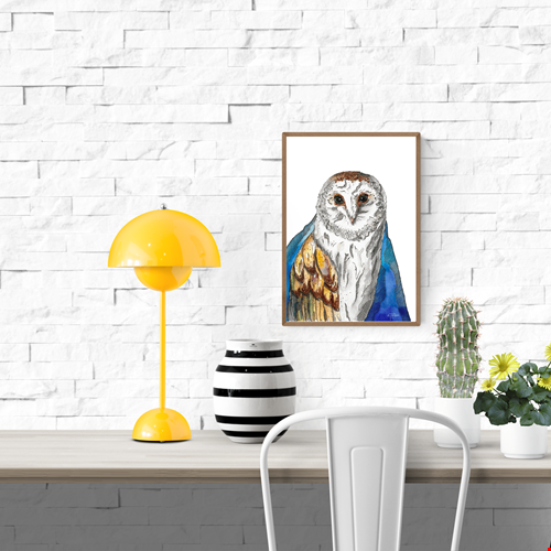 Watercolor owl art print titled The King of the Night by Giu, featuring a detailed barn owl with expressive eyes, soft textures, and deep blue tones, contemporary A3 wall art for modern interiors.