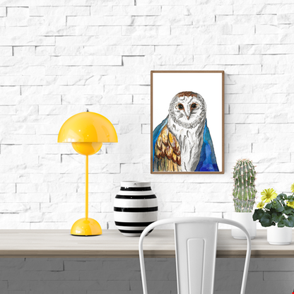 Watercolor owl art print titled The King of the Night by Giu, featuring a detailed barn owl with expressive eyes, soft textures, and deep blue tones, contemporary A3 wall art for modern interiors.