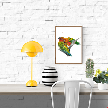 Watercolor illustration of two inseparable lovebirds resting closely on a branch, painted in warm greens, yellows, and reds, romantic bird art print by Giu for modern home decor