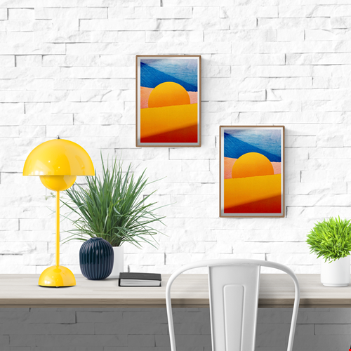 Minimalist desert art print with bold yellow sun and African dune landscape in vivid blue, orange, and peach tones by Dutch artist PTRVRKD – A3 risograph print, limited edition, eco-friendly ink.
