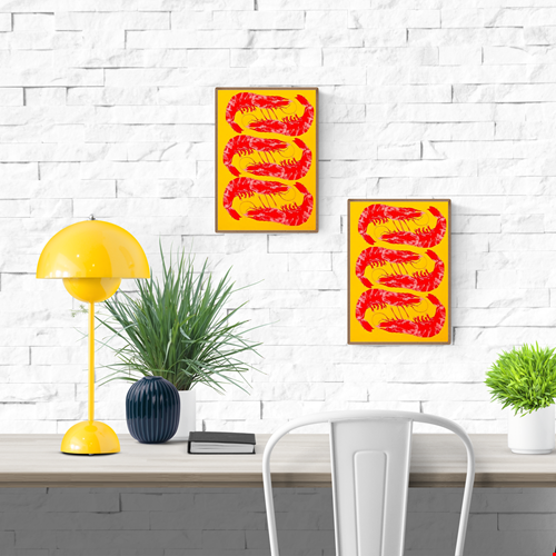 Bright yellow and red offset print of three shrimp by Dutch illustrator PTRVRKD – playful pop-art seafood design, bold color composition printed with eco-friendly soy inks on 250 gsm Biotop paper, handmade in the Netherlands – quirky small art print for modern kitchens or walls.