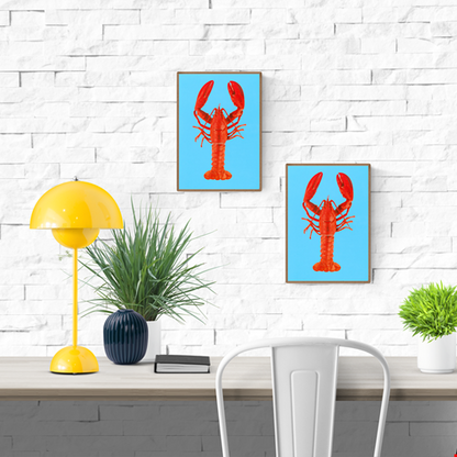 Colorful lobster illustration on bright blue background by Dutch artist PTRVRKD – A5 off-set art print on Biotop paper, perfect for modern home or kitchen decor