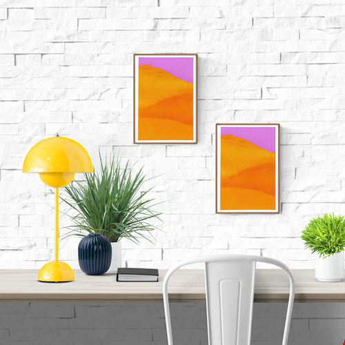 Vibrant yellow and orange sand dunes with bold purple sky, minimalist 13x18 cm risograph landscape print by PTRVRKD, handmade in the Netherlands.