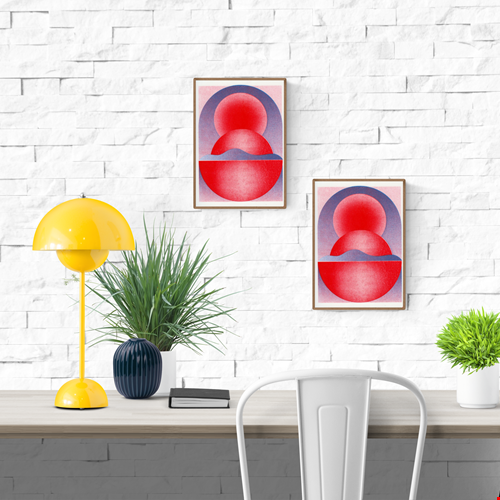 Abstract geometric risograph print by Dutch illustrator PTRVRKD – bold blue and red still life with circular shapes, gradients, and modern minimalist design, printed with eco-friendly soy inks on 250 gsm Biotop paper, handmade in the Netherlands – ideal contemporary wall art for design enthusiasts.