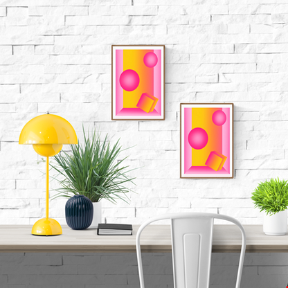 Neon pink and yellow geometric risograph print by Dutch illustrator PTRVRKD – abstract still life with floating spheres, tilted cube, and vibrant gradient design, printed with eco-friendly soy inks on 250 gsm Biotop paper, handmade in the Netherlands – bold modern wall art for color lovers.