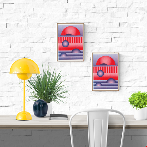 Red and purple geometric risograph print by Dutch illustrator PTRVRKD. Abstract modern art featuring bold circular shapes, vibrant red and purple gradients, and layered lines. Unique, handmade art print on Biotop paper, perfect for modern home or office decoration