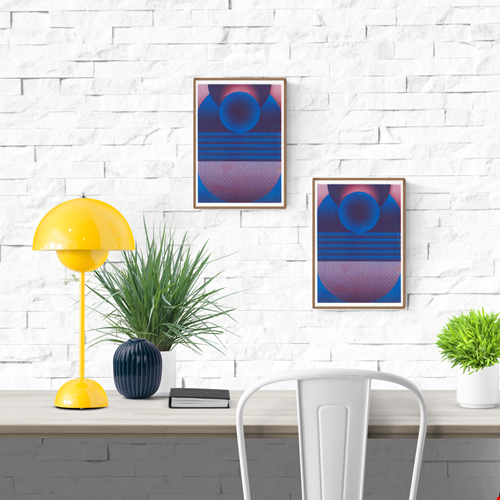 Blue and purple geometric risograph print by Dutch illustrator PTRVRKD. Abstract art featuring bold circular shapes and layered lines in vibrant blue and purple tones on high-quality Biotop paper. Modern, minimal art print perfect for home or office decoration