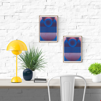 Blue and purple geometric risograph print by Dutch illustrator PTRVRKD. Abstract art featuring bold circular shapes and layered lines in vibrant blue and purple tones on high-quality Biotop paper. Modern, minimal art print perfect for home or office decoration