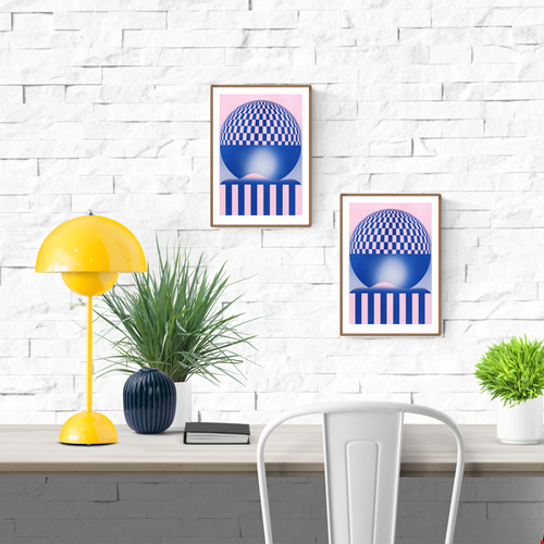 Pink and blue geometric risograph print by Dutch illustrator PTRVRKD – abstract optical landscape with checkerboard sphere, striped base, and dreamy gradient design, printed with eco-friendly soy inks on 250 gsm Biotop paper, handmade in the Netherlands – bold modern wall art for graphic design enthusiasts.