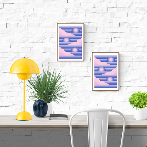 Pink and blue geometric risograph print by Dutch illustrator PTRVRKD – abstract landscape with stylized hills, layered waves, and gradient suns, printed with eco-friendly soy inks on 250 gsm Biotop paper, handmade in the Netherlands – pastel modern wall art for design enthusiasts.