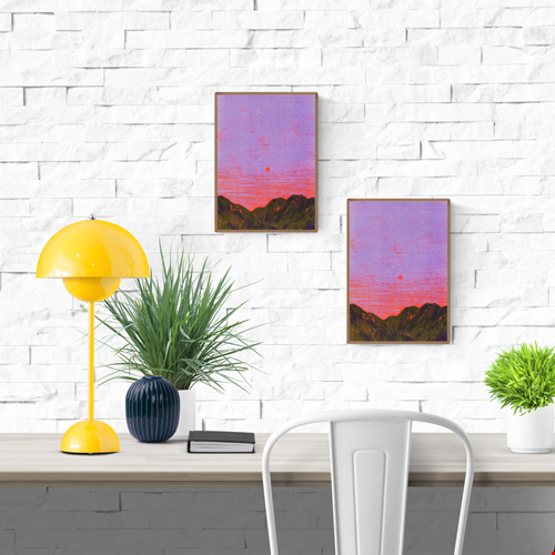 Atmospheric landscape illustration titled ‘China’ by Linde Raats, featuring a minimalist sunset over dark green mountains under a vivid purple and pink sky. This serene and dreamy art print captures the tranquility of dusk with a bold, contemporary color palette—perfect wall decor for lovers of modern travel art, Asian landscapes, and minimal aesthetic prints, available at Galerie Frits
