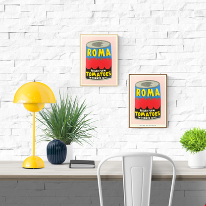 Risograph art print of a colorful Roma plum tomato can by We Are Out Of Office, printed with soy ink on 300g Biotop paper – quirky pop art kitchen wall decor in red, blue, and yellow, ideal for food lovers and design enthusiasts.