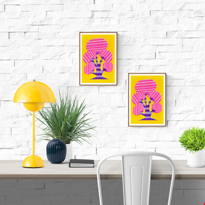 Funky abstract mushroom risograph print by Dutch illustrator PTRVRKD – bold minimalist design with purple stem, striped pink mushroom caps, and bright yellow background, printed with eco-friendly soy inks on 250 gsm Biotop paper, handmade in the Netherlands – small, playful art print for modern spaces.