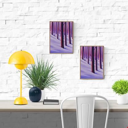 A6 Giclée print "Winter Woods" by Linde Raats, featuring a snowy forest scene with tall vertical trees in purple-orange tones and a small hare peeking from behind, printed on fine art paper.