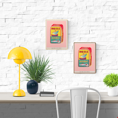 Colorful risoprint illustration of a vintage Ortiz sardine can by We Are Out Of Office, printed with soy ink on 300g Biotop paper – bold kitchen wall art in retro pop art style.