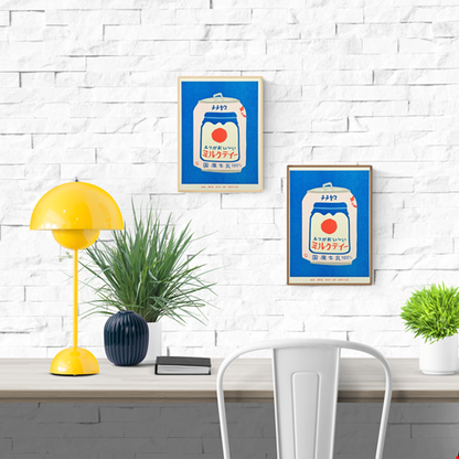 Japanese Can of Milky Tea risograph print by We Are Out of Office – bold and colorful pop-art illustration of retro Japanese drink can in blue, red, and cream tones, printed with soy ink on 300g Biotop paper.