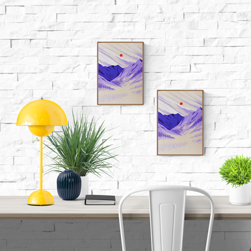 Minimalist landscape art print of purple mountains and an orange sun in a serene meadow – Mountain Meadow by Linde Raats, A6 Giclée illustration.