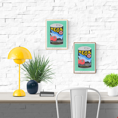 Colorful risograph print titled Can Mega Sardines by Dutch studio We Are Out Of Office, featuring a vintage-style sardine can design with tomatoes and bold typography, printed with eco-friendly soy inks on Biotop 300g paper — perfect for modern kitchen or pop art lovers.