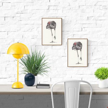 Expressive art print of a black bird by FAB titled 'Black Bird' – minimalist illustration featuring a solitary bird with a striking red head, rendered in delicate watercolor tones. Contemporary avian artwork with emotional depth, perfect for modern interiors and bird art collectors
