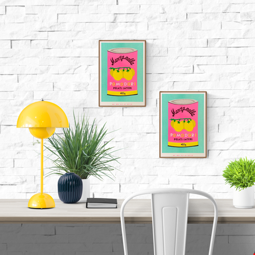 Colorful risograph illustration of a tomato can labeled “Pomodori Pelati Interi” in pink, yellow, and mint – Pomodori by We Are Out Of Office, 13x18 cm risoprint made in the Netherlands.