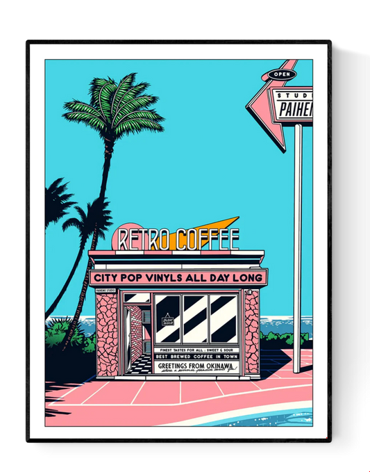 Japanese retro art print by Paiheme Studio featuring a colorful coffee shop inspired by Okinawa, palm trees, neon signs and city pop vinyls – 30x40 cm vibrant wall art made in France.