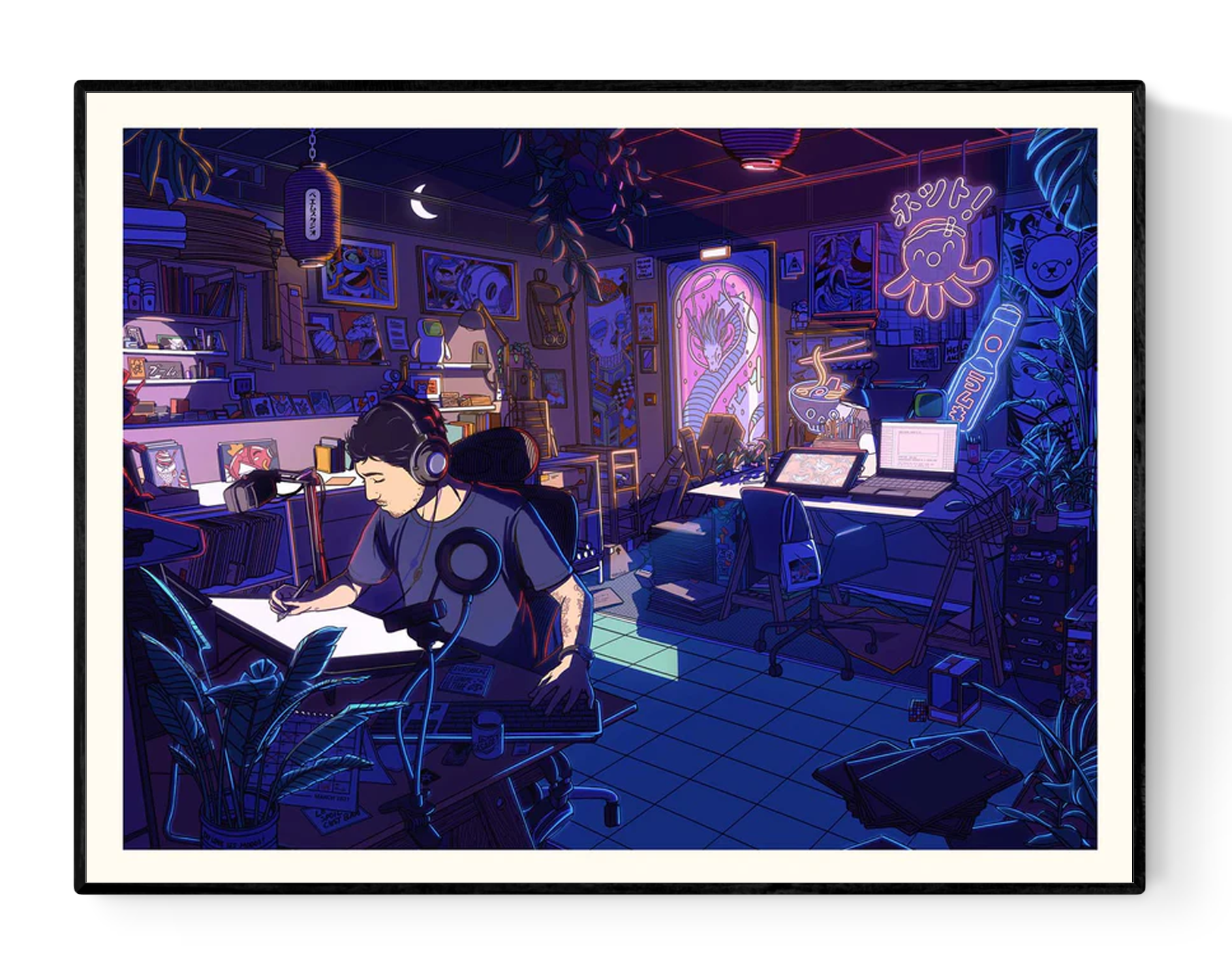 Neons Studio art print by Paiheme Studio, 30x40 cm digital illustration on 250g Inapa Tradition Blanc Naturel paper, depicting a neon-lit Japanese pop culture artist workspace in vivid purple, blue, and pink tones.