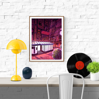 Colorful cyberpunk cityscape illustration featuring a glowing white coffee shop surrounded by futuristic neon signs, manga-style billboards, flying vehicles, and pink rain-soaked streets – Neon coffee by Paiheme Studio, 30 x 40 cm Japanese-inspired art print made in France.