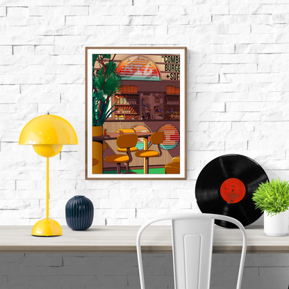 Illustration of a retro Japanese-style diner interior with yellow chairs, neon signage, and a warm vintage atmosphere – Morning Coffee by Paiheme Studio, 30x40cm art print.