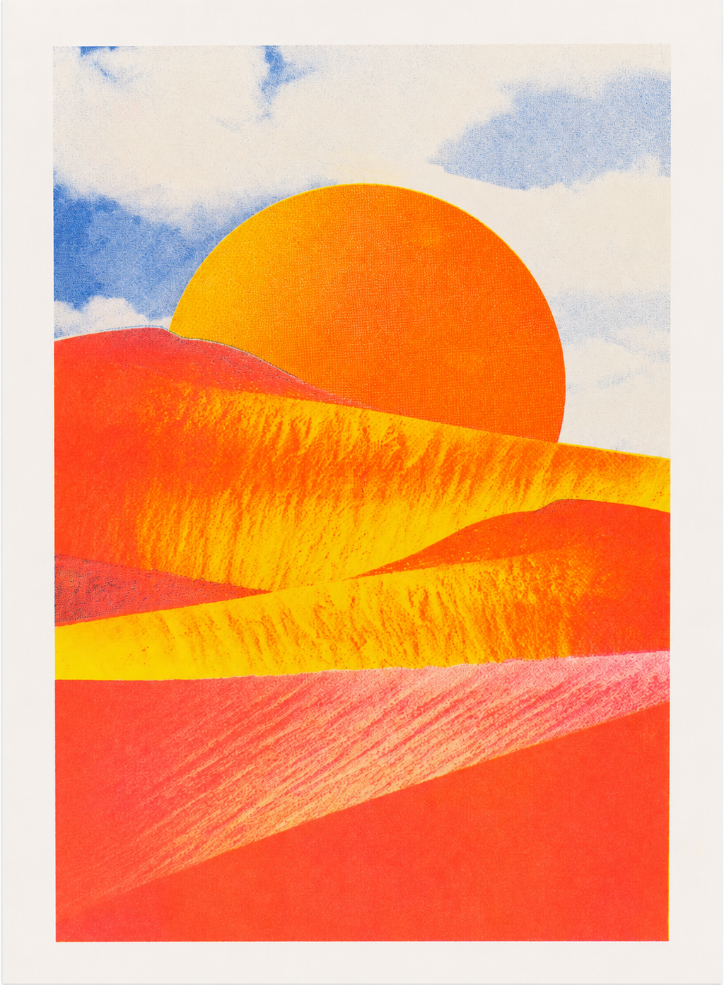 Abstract desert landscape risograph print by PTRVRKD, featuring vibrant orange and coral dunes, a golden sun, and a soft blue sky. Vertical A4 artwork for colorful modern wall decor.