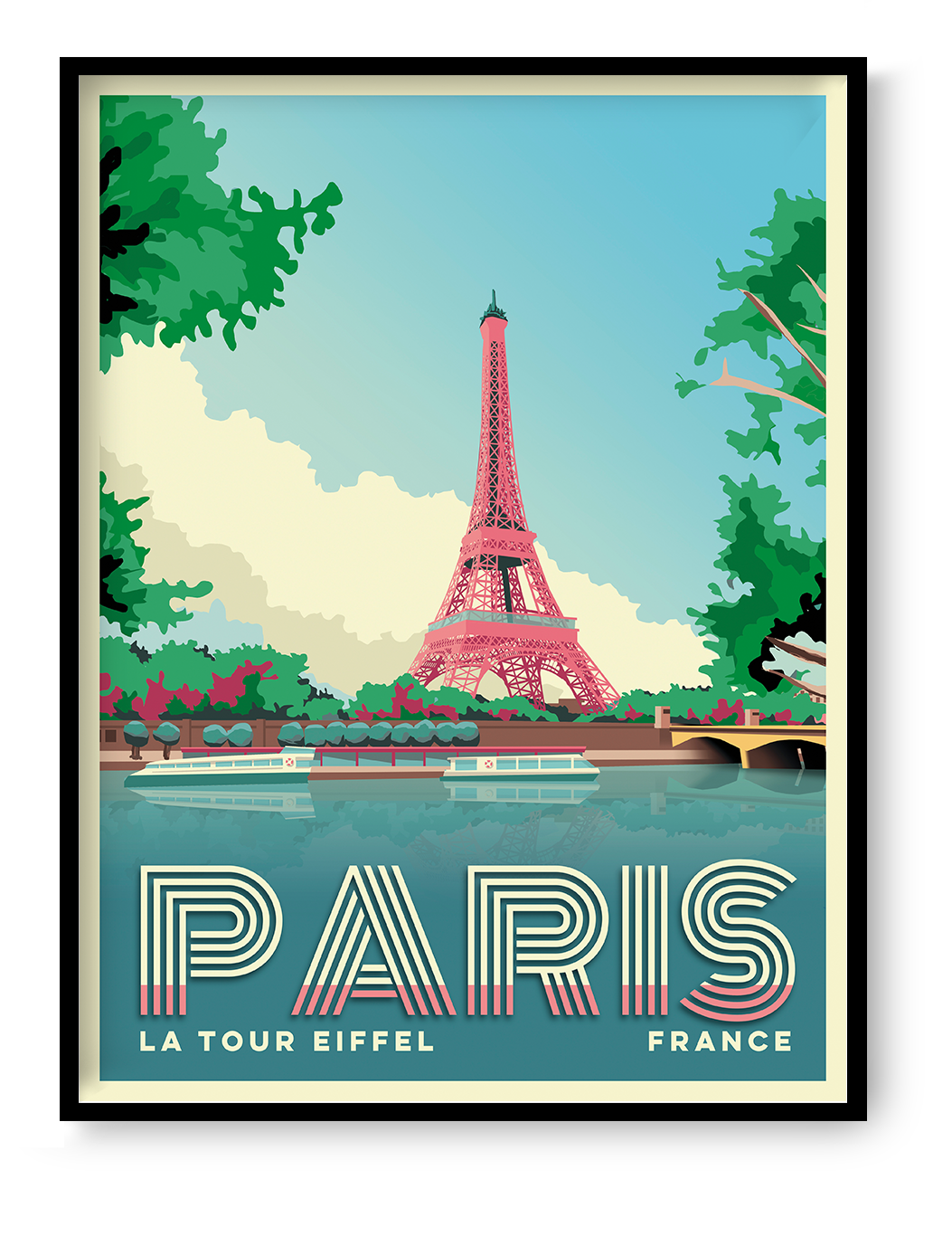 Paris Eiffel Tower travel poster by Studio Frits featuring the Seine river and iconic Paris landmark in colorful retro style wall art