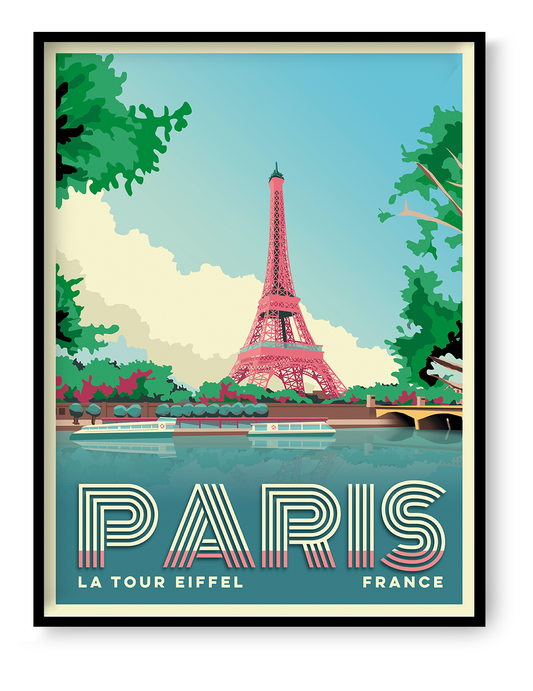 Paris Eiffel Tower travel poster by Studio Frits featuring the Seine river and iconic Paris landmark in colorful retro style wall art