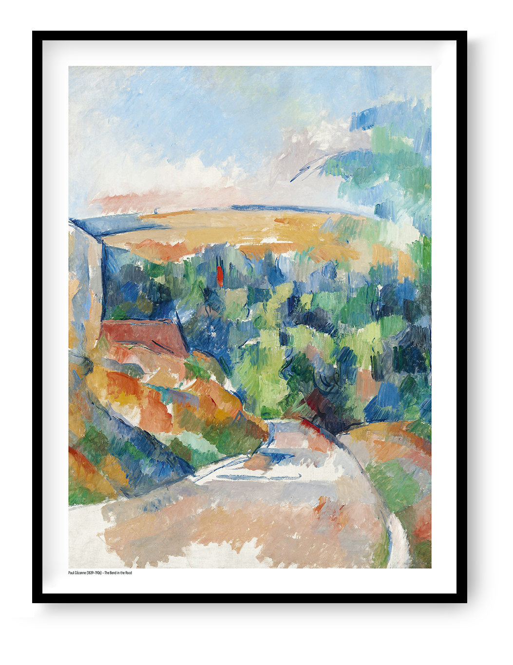 The Bend in the Road by Paul Cézanne, vertical Post-Impressionist landscape in blue, green, orange and soft earth tones, reproduced as a digital wall art print for colourful home decor.