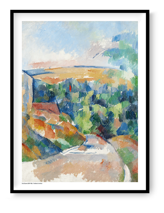 The Bend in the Road by Paul Cézanne, vertical Post-Impressionist landscape in blue, green, orange and soft earth tones, reproduced as a digital wall art print for colourful home decor.