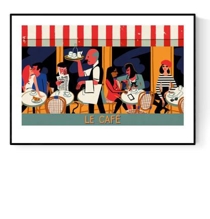 Vintage-style Paris café illustration art print titled "Le Café" by Paul Thurlby, featuring colorful characters, a striped awning, and outdoor tables in a 50x70 cm fine art format.