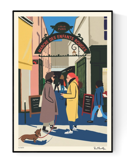 Colorful vintage-style Paris illustration art print of the "Marché des Enfants Rouges" by Paul Thurlby, featuring market visitors, street fashion, and a dachshund in a 50x70 cm fine art format.