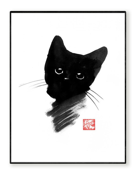 Black Kitty by Pechane Sumie – 30x40 cm Japanese sumi-e style art print of a black kitten with large expressive eyes, painted in bold black ink on white background. Minimalist cat wall art for elegant and zen interiors.