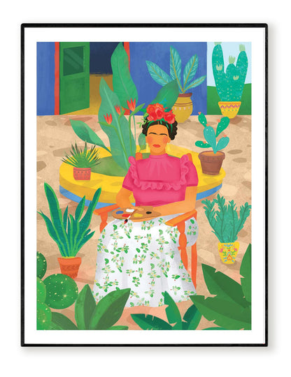 Frida by Petra Lizde – 30x40 cm colorful art print of Frida Kahlo seated in a garden with tropical plants. Vibrant Mexican-inspired wall art, botanical illustration, and bold portrait design perfect for adding creativity and warmth to interiors.