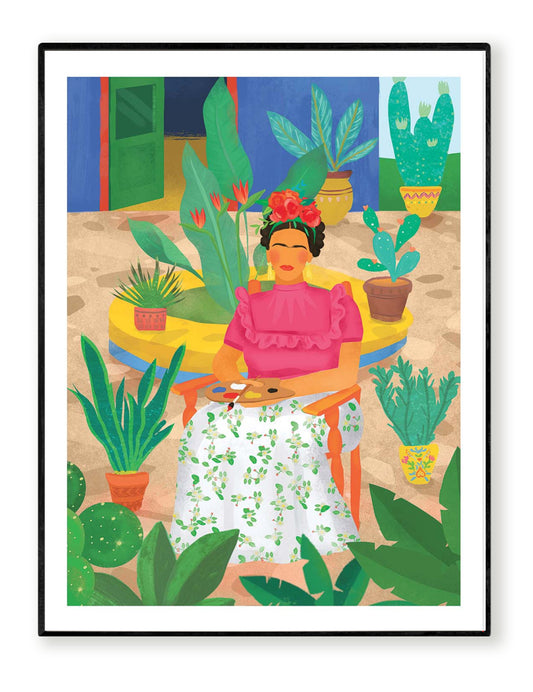 Frida by Petra Lizde – 30x40 cm colorful art print of Frida Kahlo seated in a garden with tropical plants. Vibrant Mexican-inspired wall art, botanical illustration, and bold portrait design perfect for adding creativity and warmth to interiors.