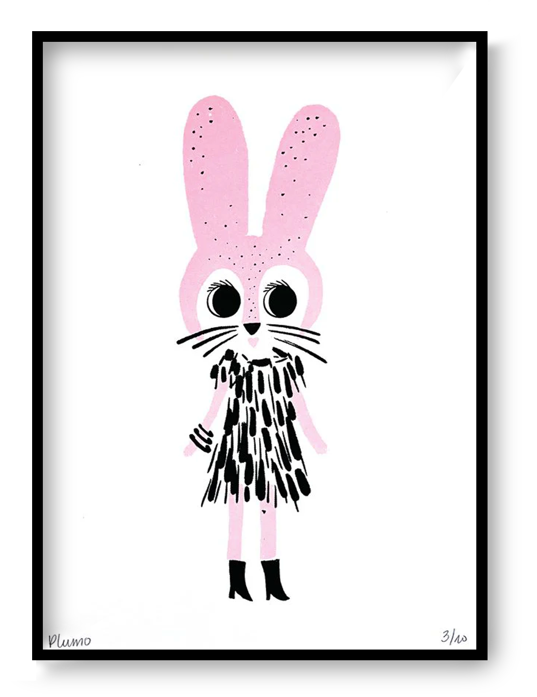 Plumo “Fancy Rabbit” A5 hand-pulled screenprint art print in soft pink, whimsical rabbit character with bold eyes and graphic dress, limited edition Belgian handmade wall art gift for nursery, kids room and design lovers.
