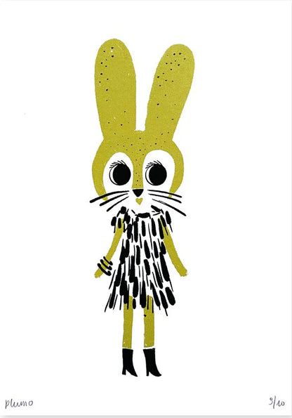 Plumo “Fancy Rabbit” A5 hand-pulled screenprint in mustard/golden yellow, cute rabbit illustration with oversized eyes, textured ink and black dress, limited edition handmade Belgian print for nursery decor and playful gallery walls