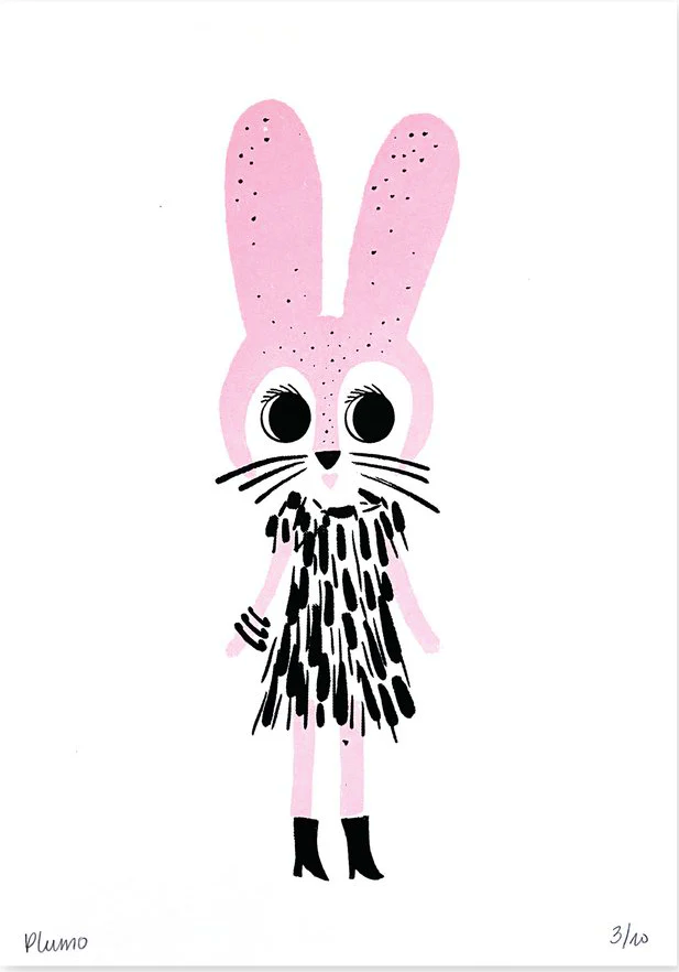 Plumo “Fancy Rabbit” A5 hand-pulled screenprint art print in soft pink, whimsical rabbit character with bold eyes and graphic dress, limited edition Belgian handmade wall art gift for nursery, kids room and design lovers.