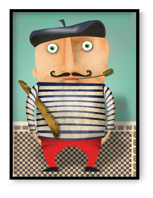 Funny illustration of a stereotypical French man wearing a striped shirt and beret, holding a baguette, humorous character art print from the Proud People series by Gert Paenen.